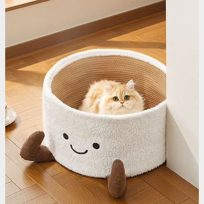 Fluffy cat resting inside high-sided teacup pet bed, feeling secure in the enclosed, cave-like design that reduces anxiety and provides a safe napping spot.