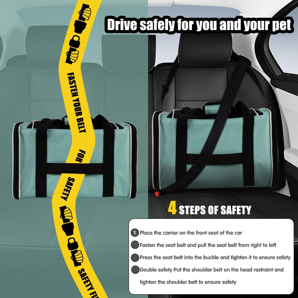 Pet carrier secured in a car with seat belt – a safe solution to ease fears about pet safety while driving, ensuring your furry friend is protected during every road trip.