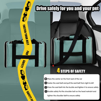 Pet carrier secured in a car with seat belt – a safe solution to ease fears about pet safety while driving, ensuring your furry friend is protected during every road trip.