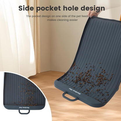 Pet feeding mat with side pocket hole design, showing easy mess collection – a convenient solution to address cleaning difficulties, letting you quickly remove pet food mess and keep the area tidy.