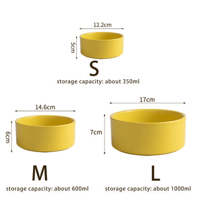 Size guide of yellow ceramic pet bowl: S (12.2cm×5cm, 350ml), M (14.6cm×6cm, 600ml), L (17cm×7cm, 1000ml) – suitable for cats and dogs of all sizes.
