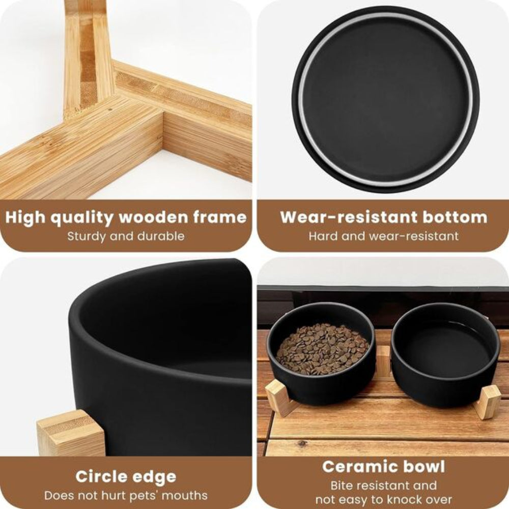 Detail collage of ceramic pet bowls with bamboo stand: high-quality wooden frame, wear-resistant bottom, circle edge that’s gentle on pets’ mouths, and bite-resistant bowls hard to knock over, ideal for cats and dogs.