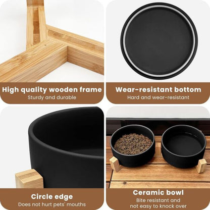 Detail collage of ceramic pet bowls with bamboo stand: high-quality wooden frame, wear-resistant bottom, circle edge that’s gentle on pets’ mouths, and bite-resistant bowls hard to knock over, ideal for cats and dogs.