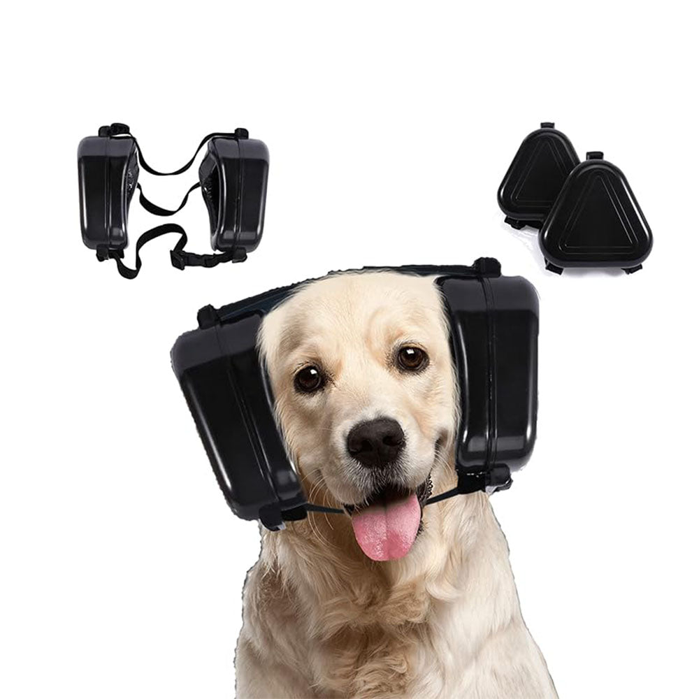 Golden Retriever wearing comfortable pet noise canceling earmuffs—secure, non-irritating fit, perfect for large dog breeds to stay calm without resisting wear.