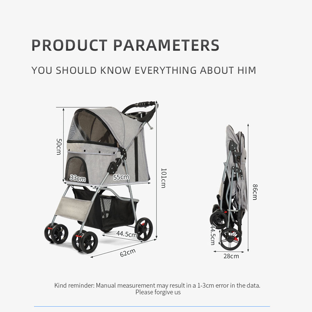 Compact one-click foldable pet stroller showing expanded size (62*44.5*101cm) and folded size (28*44.5*86cm). Designed for easy storage and transport, perfect for pet owners on the go.