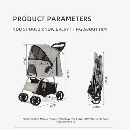 Compact one-click foldable pet stroller showing expanded size (62*44.5*101cm) and folded size (28*44.5*86cm). Designed for easy storage and transport, perfect for pet owners on the go.