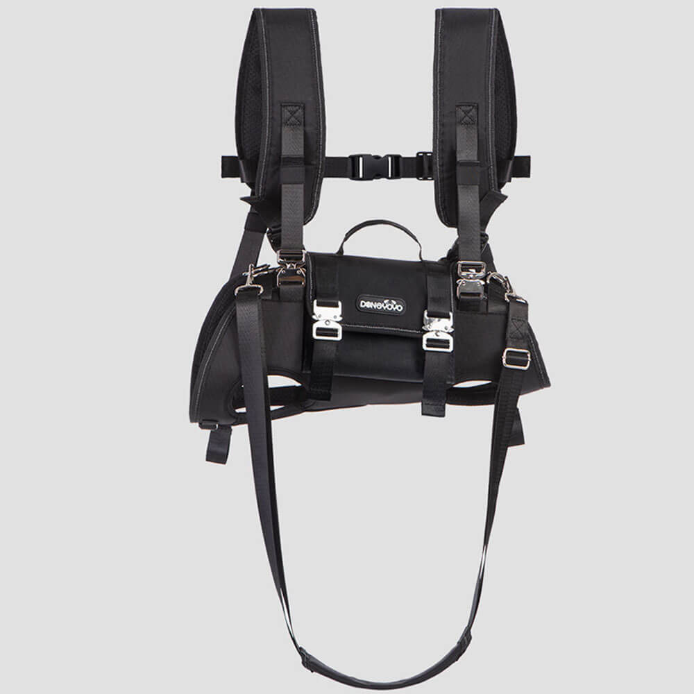 Empty black 4-in-1 pet carrier backpack displaying all detachable straps, padded shoulder straps, top handle, and leash attachment, demonstrating its versatile carrying modes for pet travel.