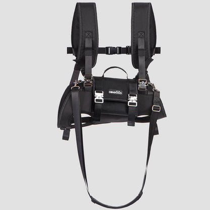 Empty black 4-in-1 pet carrier backpack displaying all detachable straps, padded shoulder straps, top handle, and leash attachment, demonstrating its versatile carrying modes for pet travel.
