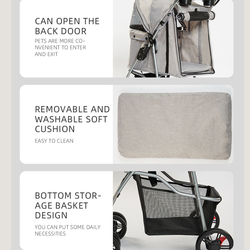 User-friendly pet stroller with multiple convenient features: easy-access back door for pet entry/exit, removable and washable soft cushion for hygiene, and a large bottom storage basket for pet supplies.
