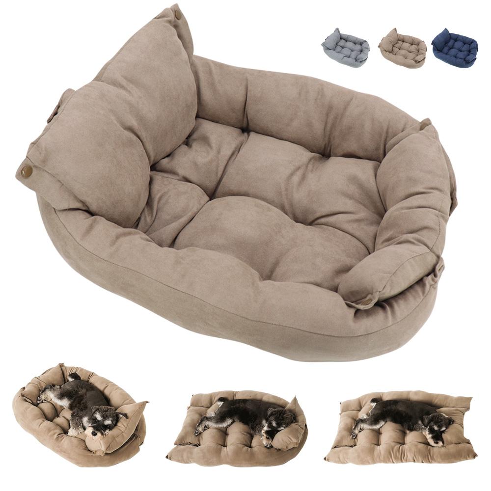 Convertible pet bed with multiple shapes and color options, shown with a small dog – a versatile solution to end the struggle of finding a pet bed that fits your space and pet’s needs, offering comfort and style in one.