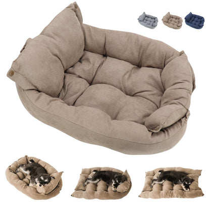 Convertible pet bed with multiple shapes and color options, shown with a small dog – a versatile solution to end the struggle of finding a pet bed that fits your space and pet’s needs, offering comfort and style in one.
