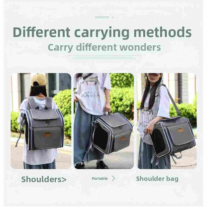 Demonstration of 3 carrying modes for a convertible pet bike carrier: backpack, handheld, and shoulder bag, allowing seamless scene transitions from cycling to hiking without needing multiple bags.