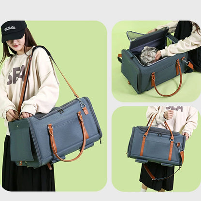  Convertible pet carrier bag shown in multiple use cases: shoulder carry, handheld, and with a cat inside, designed for versatile, stress-free travel with pets.