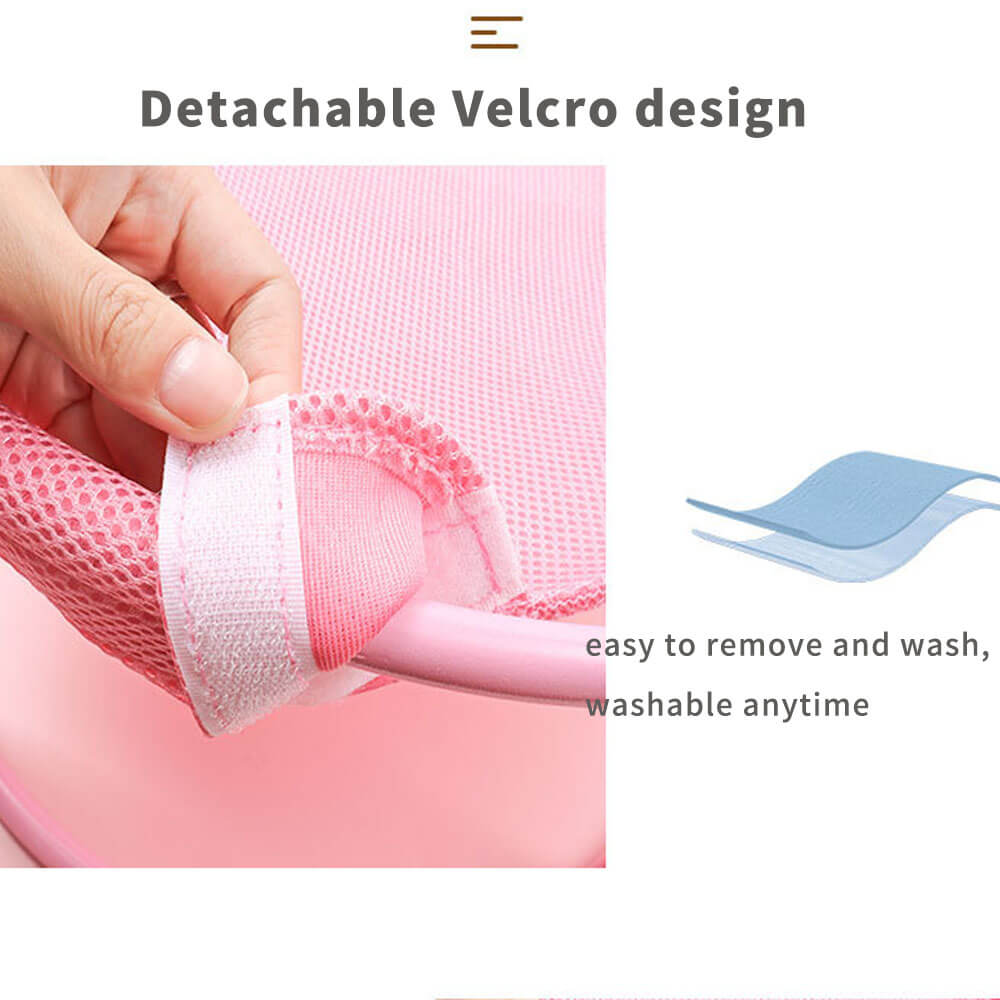 Close-up of detachable velcro on pink cat hammock, showing easy removal for washing, a convenient feature for pet owners to keep the cat bed clean.
