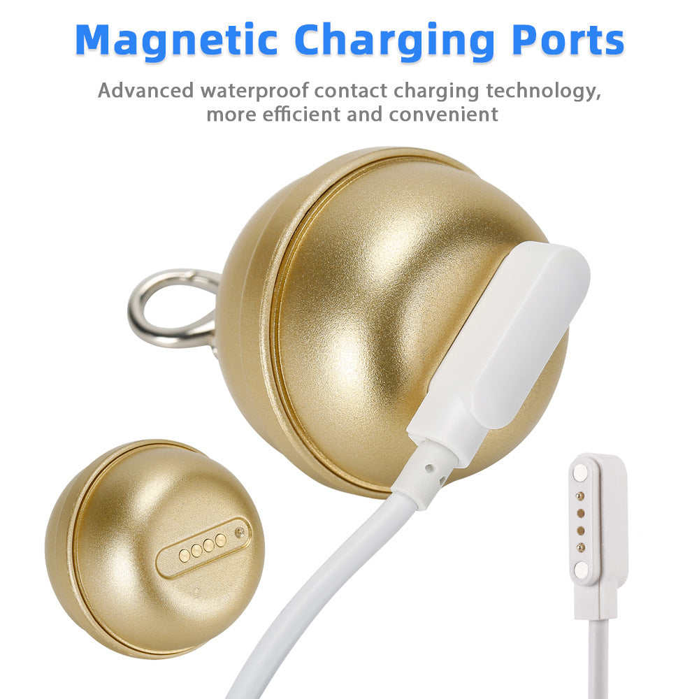 Gold dog GPS bell tracker equipped with magnetic charging ports, using advanced waterproof contact charging technology to solve the trouble of cumbersome, water-prone charging for pet tracking devices.