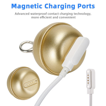 Gold dog GPS bell tracker equipped with magnetic charging ports, using advanced waterproof contact charging technology to solve the trouble of cumbersome, water-prone charging for pet tracking devices.