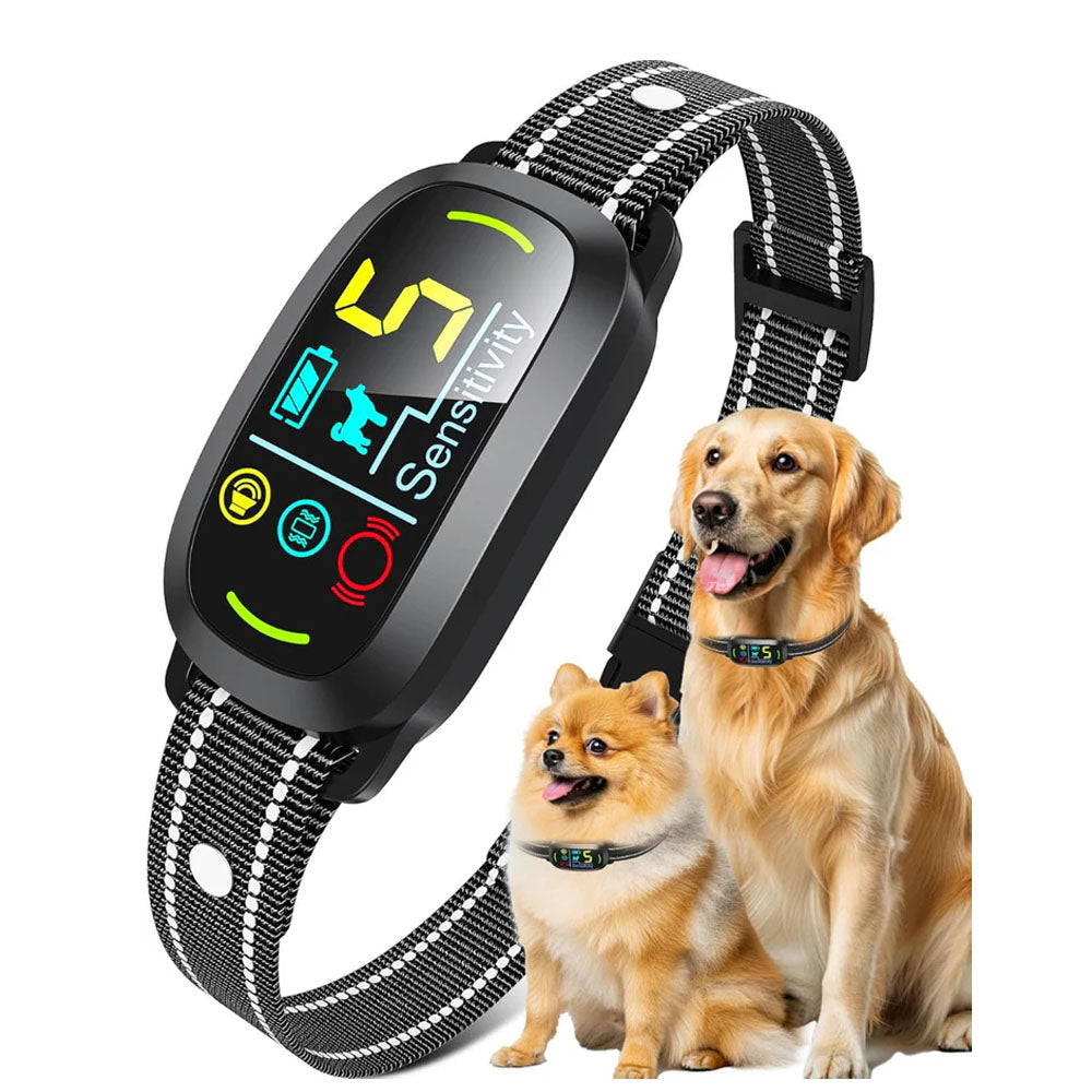 Dog stop barking collar compatible with both small (e.g., Pomeranian) and large (e.g., Golden Retriever) dog breeds, featuring a bright digital display that shows sensitivity level, beep/vibration mode icons, and battery status for intuitive, hassle-free operation.
