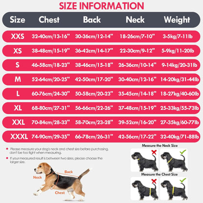 Dog recovery suit size information with chest, back, neck, and weight guide – a reliable tool to eliminate sizing guesswork, helping you choose the right fit for your dog’s post-op or daily wear, ensuring comfort and proper coverage.