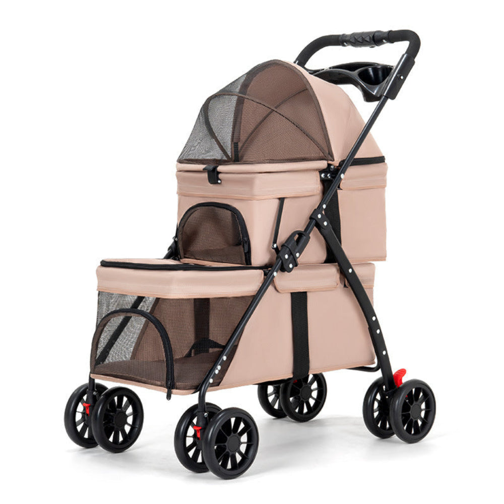 Tan double-decker pet stroller with breathable mesh compartments – a practical solution to end the hassle of traveling with multiple pets, providing separate cozy spaces for your cat or small dog during outdoor trips.