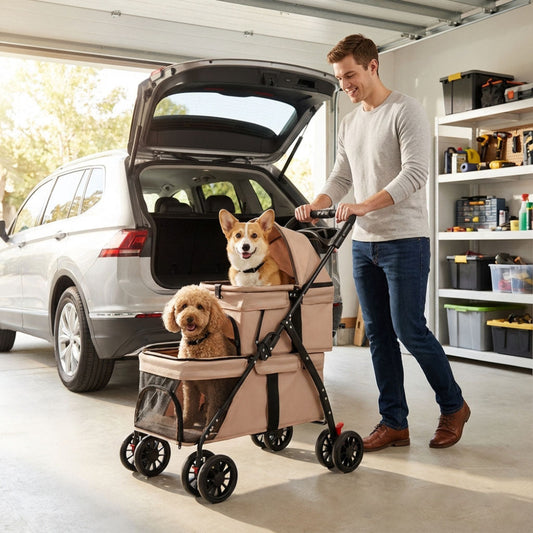 Double-decker pet stroller with two dogs (Corgi + Poodle) being loaded into a car trunk – a convenient solution to eliminate the stress of traveling with multiple pets, easily fitting in your vehicle for family adventures.