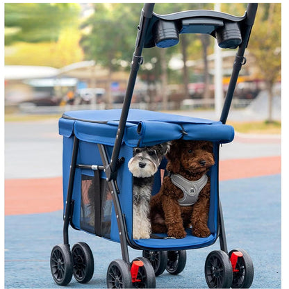 Two small dogs (Schnauzer & Poodle) riding comfortably in the blue pet stroller: showing its roomy interior, mesh ventilation, and sturdy frame for multi-pet outdoor adventures.