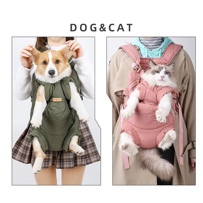 Real-life example of the dual-use pet front/back carrier backpack: carrying a Corgi (front) and a cat (back) comfortably, ideal for outdoor adventures with small pets.