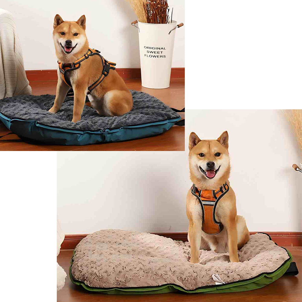 Collage of a Shiba Inu sitting on two plush waterproof dog bed mats (teal and khaki-green edges) in a cozy indoor setting, demonstrating the mat's comfort and multi-color options for pets.