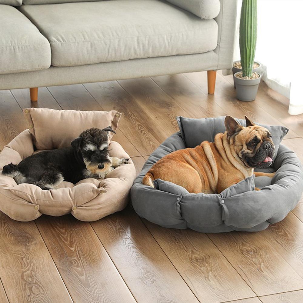 Two pet beds in different colors with a small dog and a French Bulldog – a practical solution to address space concerns for multiple pets, ensuring each furry friend has a cozy spot that blends with your home’s style.
