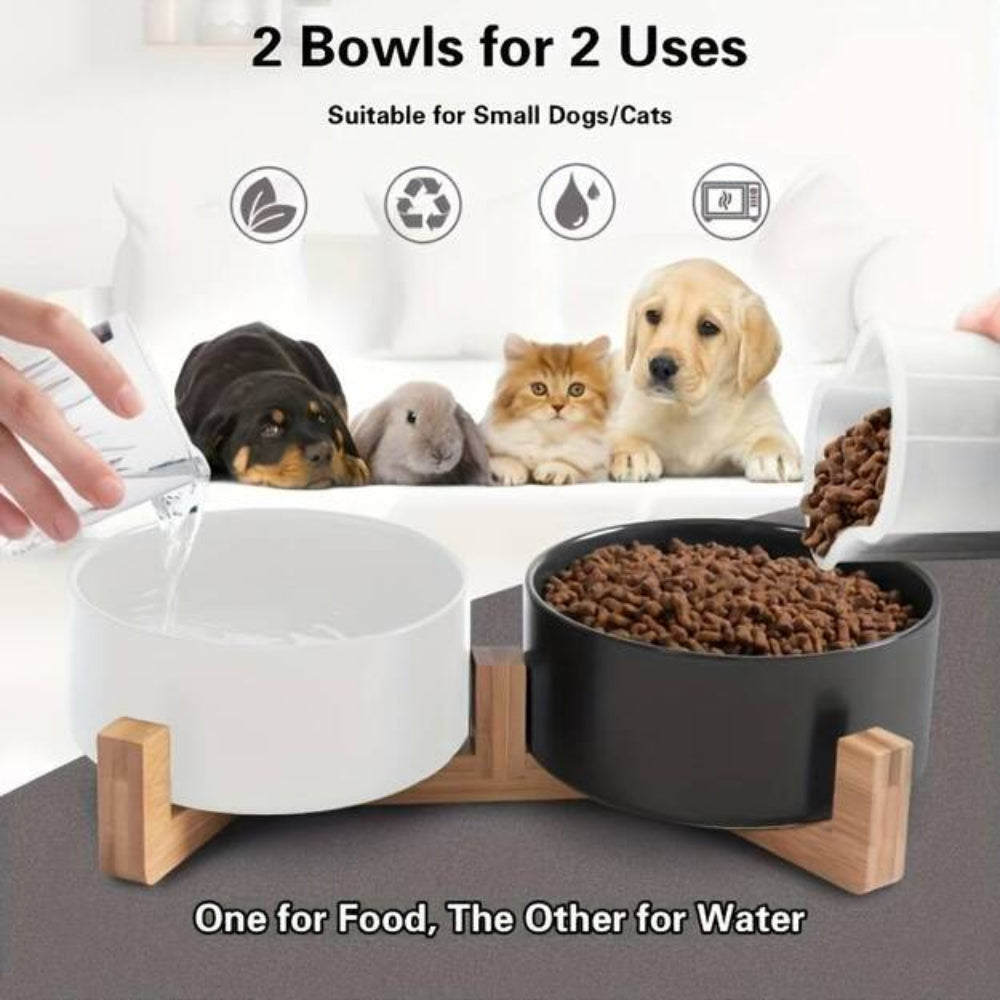 Dual ceramic pet bowls (one for food, one for water) on a bamboo stand, suitable for small dogs, cats, and pets like rabbits, highlighting eco-friendly, waterproof, and microwave-safe features