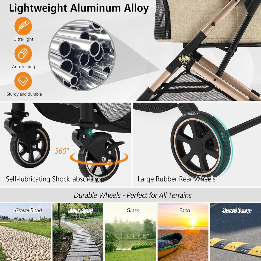 Pet stroller details: lightweight rust-proof aluminum frame, 360° shock-absorbing wheels & large rubber rear wheels – a reliable solution to eliminate bumpy rides on gravel, grass, or sand, ensuring smooth travel for your pets.