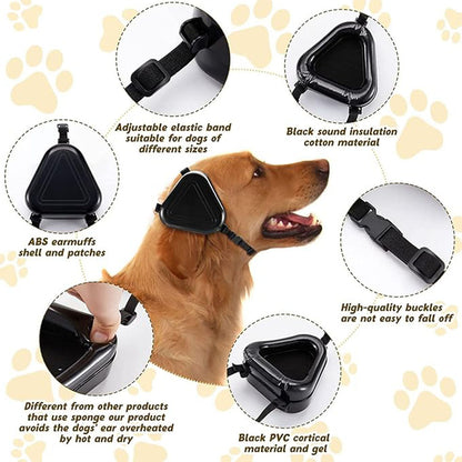 Pet noise canceling earmuffs features: adjustable elastic strap (fits all dog sizes), ABS shell, sound-insulation cotton, secure buckles—durable, non-falling protection for noise-sensitive dogs.