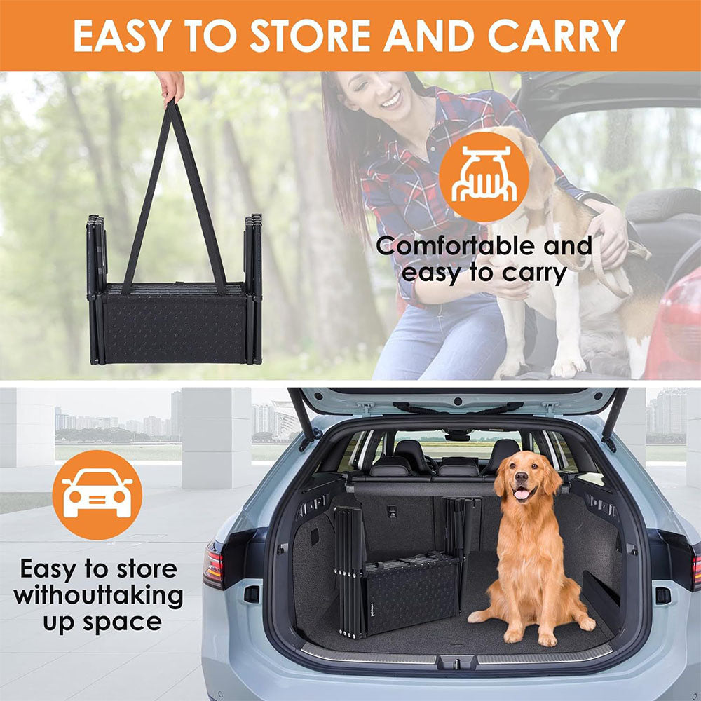 Portable foldable dog stairs with a carry strap, showing compact folded size stored in a car trunk, emphasizing space-saving design and convenient transport for outdoor trips and daily use.
