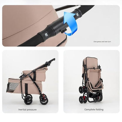 Step-by-step easy folding of the double-decker pet stroller (one press + one turn) – a hassle-free solution to end frustrating folding processes, letting you set up or store the stroller in seconds.