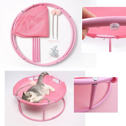 Disassembled parts of pink cat hammock (mesh fabric, steel frame, screws, pom-pom toys) and close-ups of stable frame joints, showing easy assembly and durable construction.