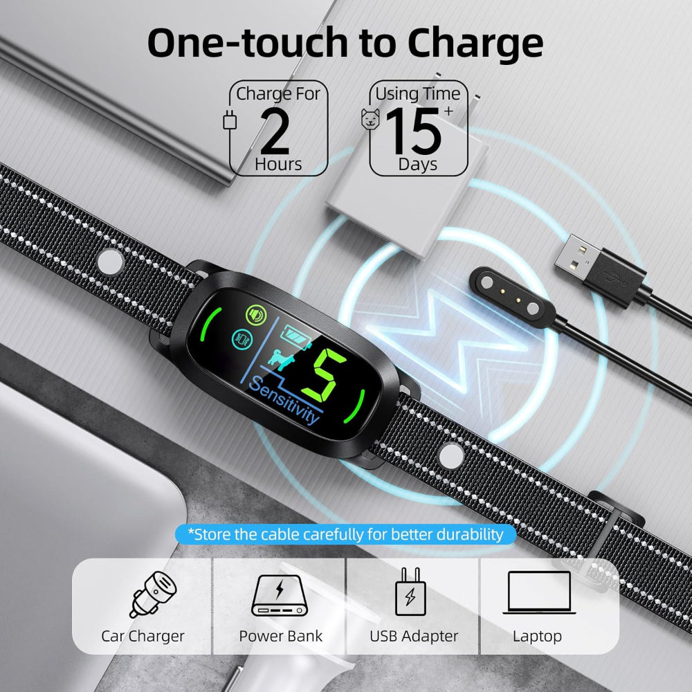 Rechargeable dog training collar: 2-hour one-touch charging, 15+ days battery life, works with car chargers, power banks, USB adapters, and laptops for flexible, convenient charging.