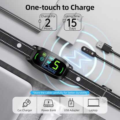 Rechargeable dog training collar: 2-hour one-touch charging, 15+ days battery life, works with car chargers, power banks, USB adapters, and laptops for flexible, convenient charging.