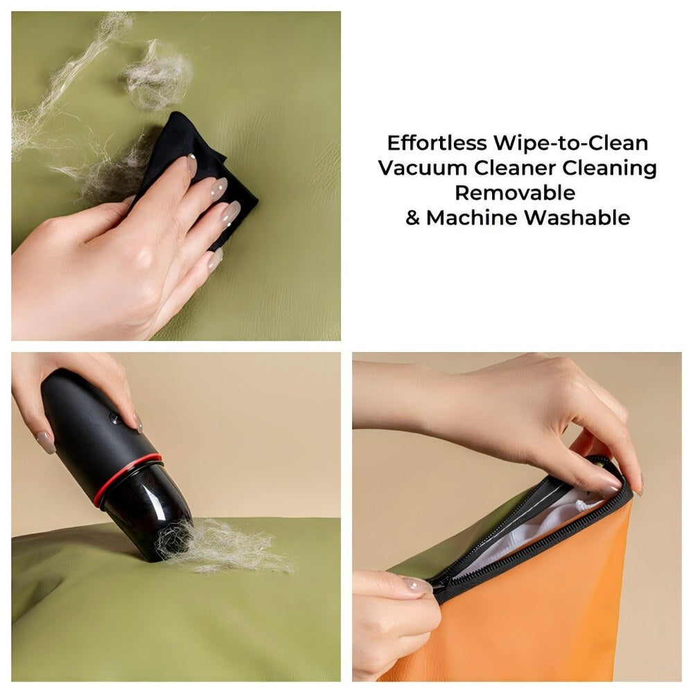 Step-by-step cleaning demonstration of a pet car seat carrier: wipe-to-clean waterproof surface, vacuuming pet hair, and a removable zippered cushion that is machine washable, solving the common pain point of pet shedding and messes for busy owners.