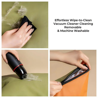 Step-by-step cleaning demonstration of a pet car seat carrier: wipe-to-clean waterproof surface, vacuuming pet hair, and a removable zippered cushion that is machine washable, solving the common pain point of pet shedding and messes for busy owners.