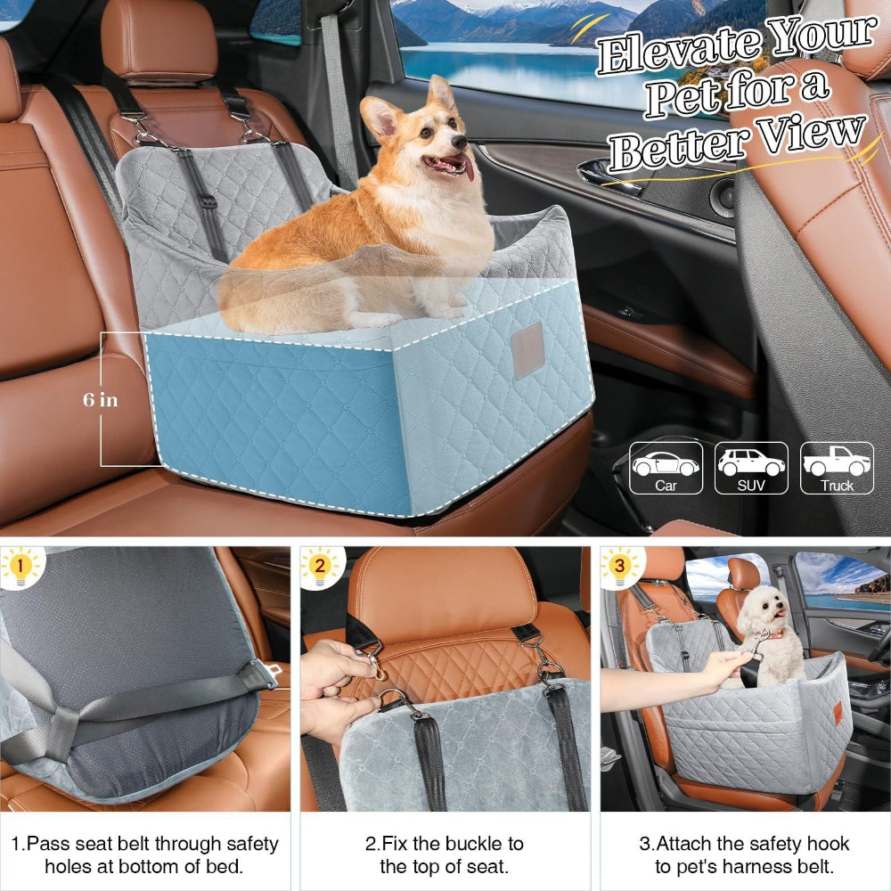 Elevated pet car seat with a Corgi, showing 3-step installation and compatibility with cars, SUVs, trucks – a user-friendly solution to eliminate poor visibility and complex setup, letting your pet enjoy a better view during rides.