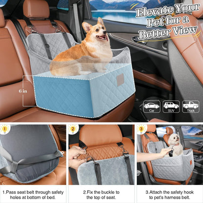Elevated pet car seat with a Corgi, showing 3-step installation and compatibility with cars, SUVs, trucks – a user-friendly solution to eliminate poor visibility and complex setup, letting your pet enjoy a better view during rides.