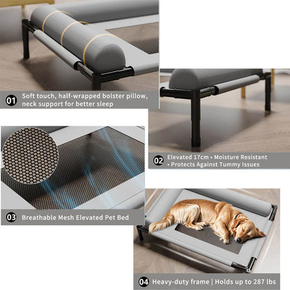 Infographic collage showing the key features of an elevated pet cot: 1) soft half-wrapped bolster pillow for neck support, 2) 17cm raised moisture-resistant design, 3) breathable mesh fabric, 4) heavy-duty frame supporting up to 287lbs.