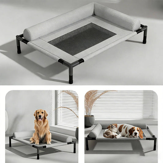 Collage showing the elevated pet cot used by a golden retriever and a cat together, highlighting its versatility for all pet sizes, indoor/outdoor use, and comfortable semi-enclosed design.
