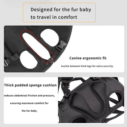 Pet carrier sling highlighting ergonomic canine fit and thick padded sponge cushion, reducing abdominal pressure for maximum pet comfort during travel.