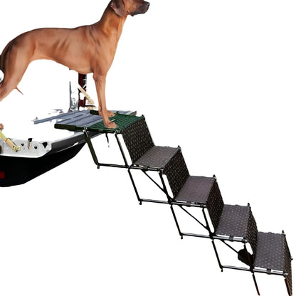 Extended 5-step foldable pet stairs, designed for tall vehicles, boats, and trucks, with a stable metal frame and non-slip surface to support large dogs and prevent joint strain during climbing.