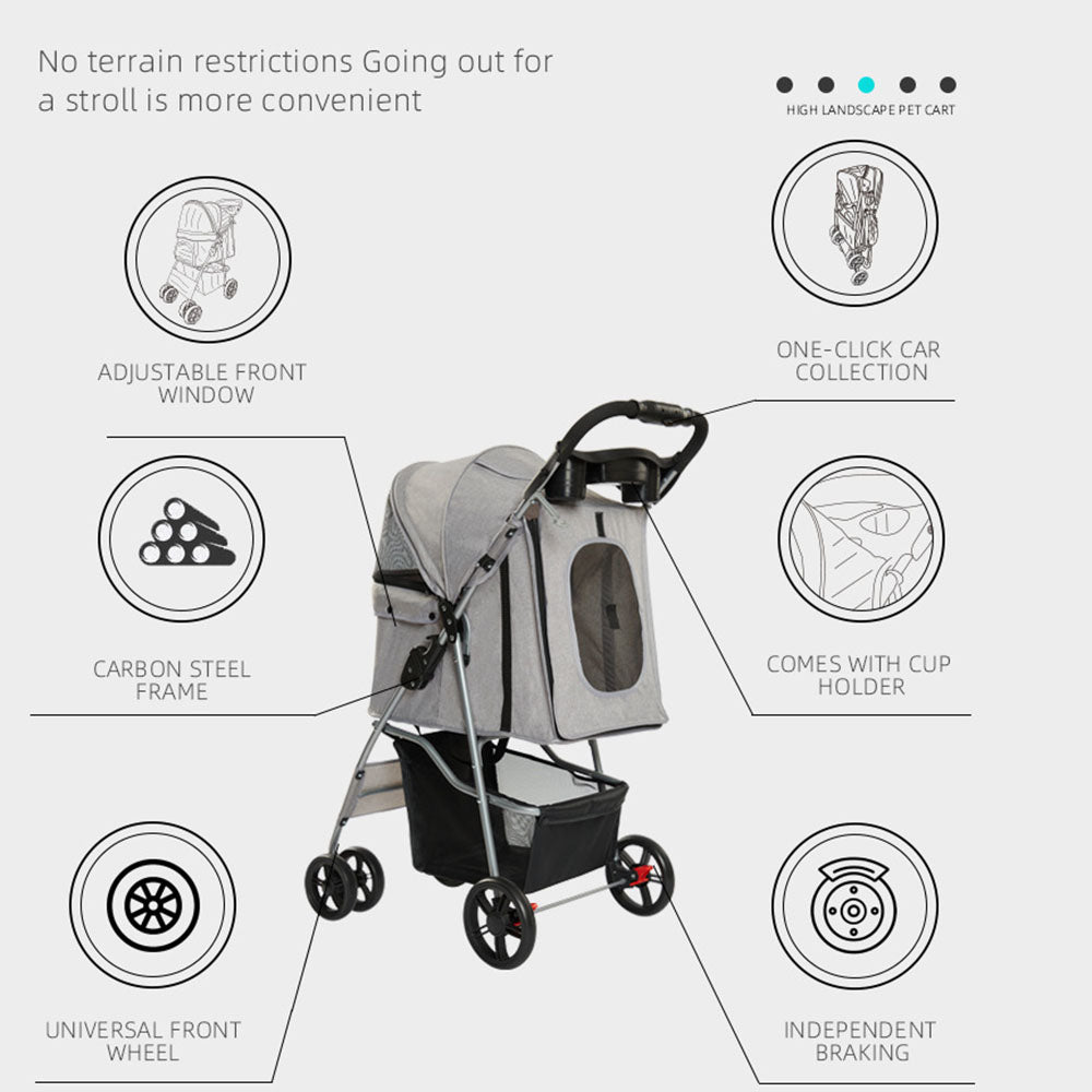 Feature-rich pet stroller highlighting key benefits: adjustable front window, carbon steel frame, universal all-terrain wheels, one-click folding, built-in cup holder, and independent braking system for safe and convenient pet travel.
