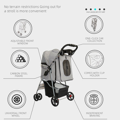 Feature-rich pet stroller highlighting key benefits: adjustable front window, carbon steel frame, universal all-terrain wheels, one-click folding, built-in cup holder, and independent braking system for safe and convenient pet travel.
