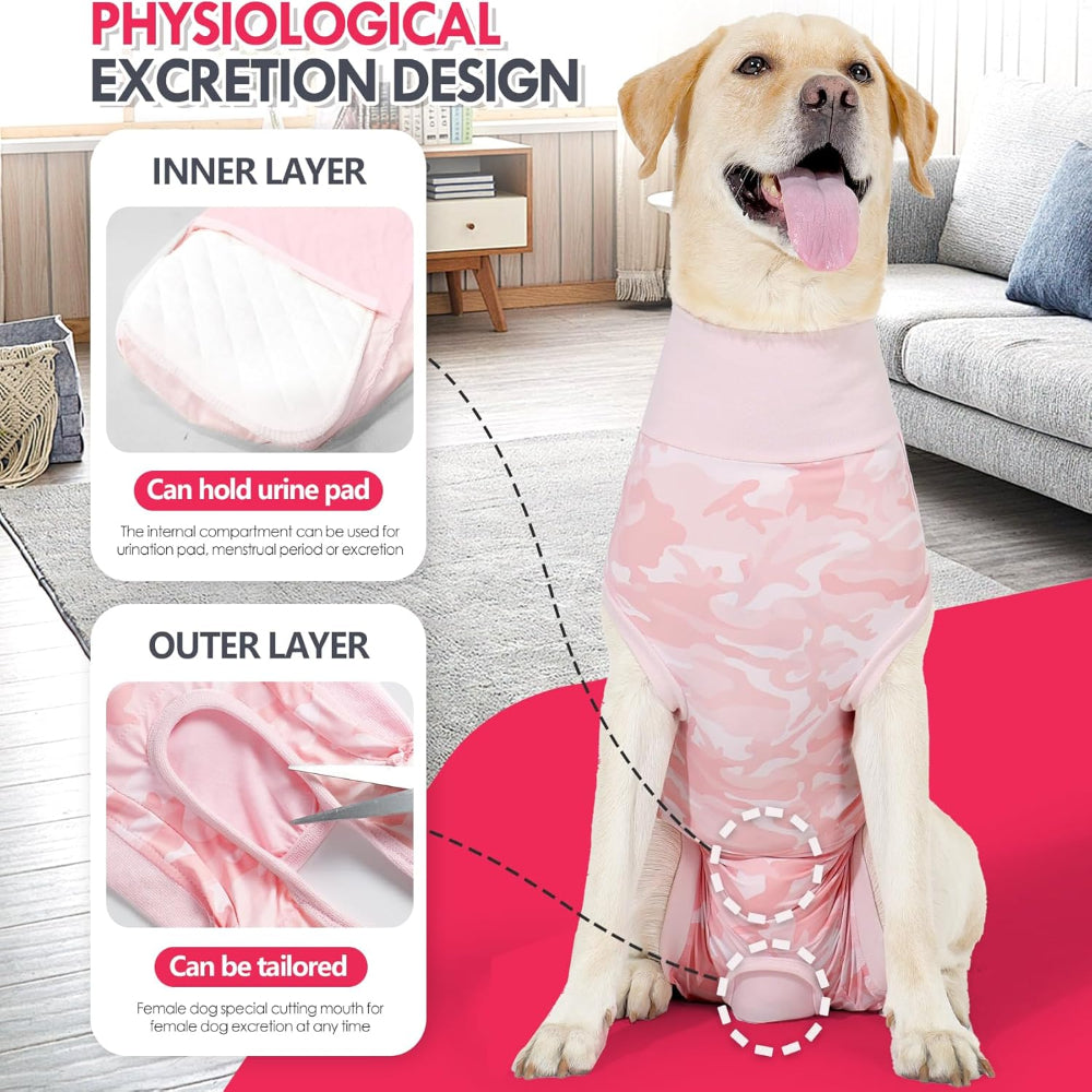 Dog recovery suit with urine pad compartment and tailored excretion design – a thoughtful solution to ease pet parents’ worries about hygiene and convenience, ensuring female dogs stay clean and comfortable during recovery or daily use.