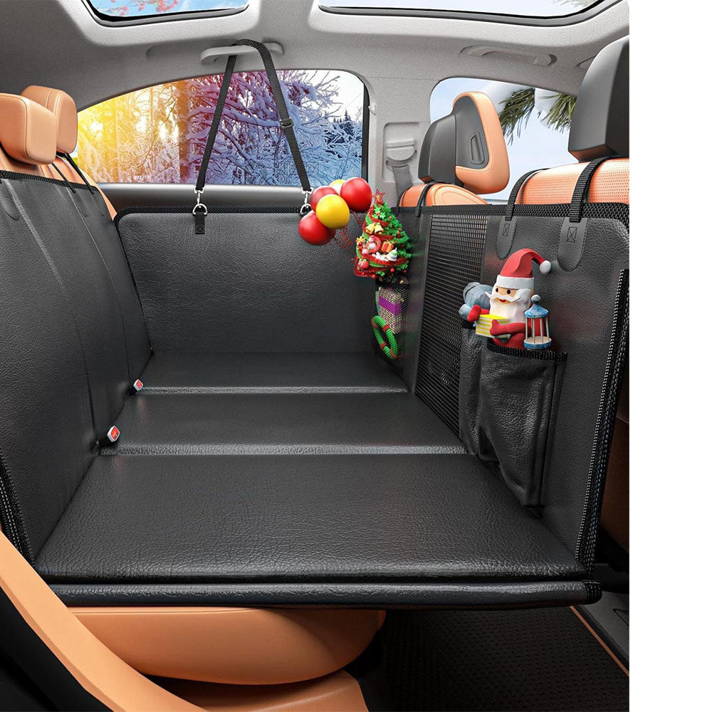 Dog back seat cover decorated with Christmas ornaments, perfect for holiday pet travel, featuring storage pockets for pet toys and accessories, protecting car seats from seasonal pet messes.
