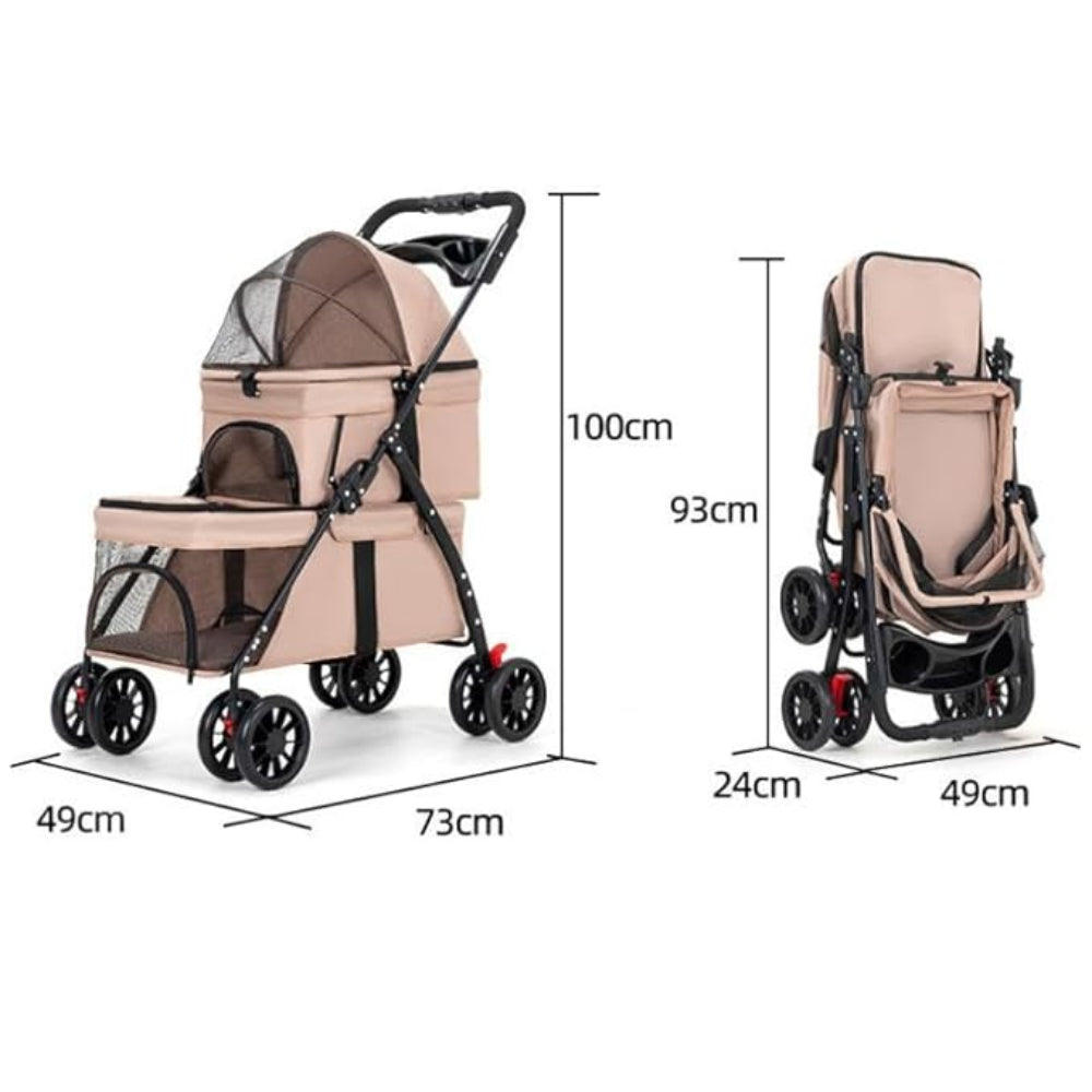 Double-decker pet stroller dimensions: 73x49x100cm (unfolded) & 49x24x93cm (folded) – a space-saving solution to address home storage worries, fitting easily in your car trunk or small living spaces.
