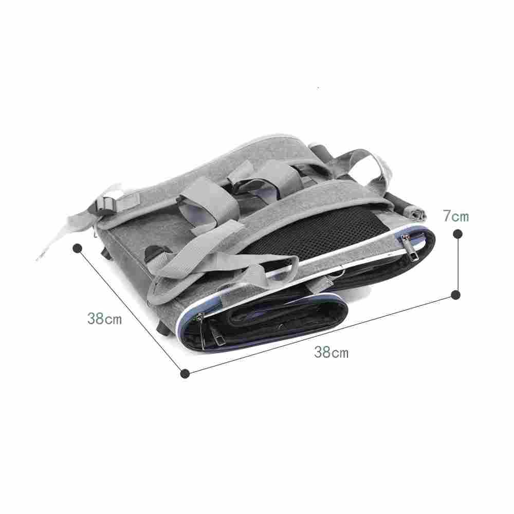 A grey multi-functional pet bike carrier folded flat to 38×38×7cm, showcasing its space-saving foldable design that simplifies storage and transport, addressing the inconvenience of bulky pet gear.